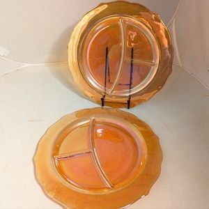 Federal Glass Normandie Grill Divided Plates Marigold Iridescent Carnival PAIR